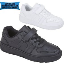 Boys Girls School Sports Trainers Black White PE Touch Strap Childrens Shoes UK