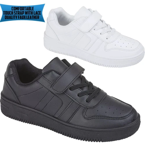 Boys Girls School Sports Trainers Black White PE Touch Strap Childrens Shoes UK