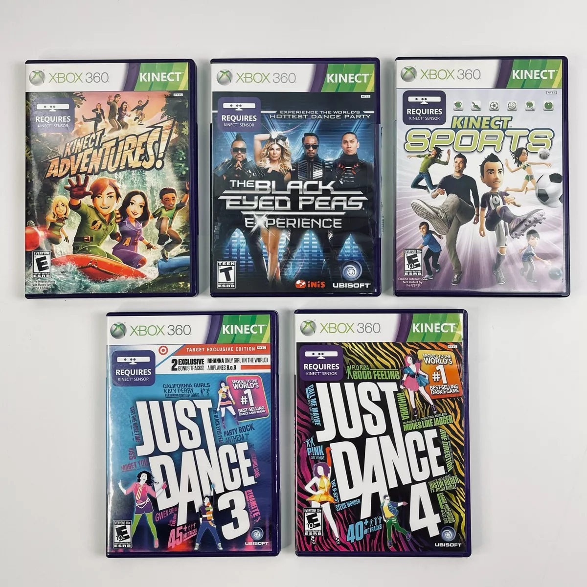 Xbox 360 Kinect Just Dance 3+4 Black Eyed Peas Sports Adventures 5