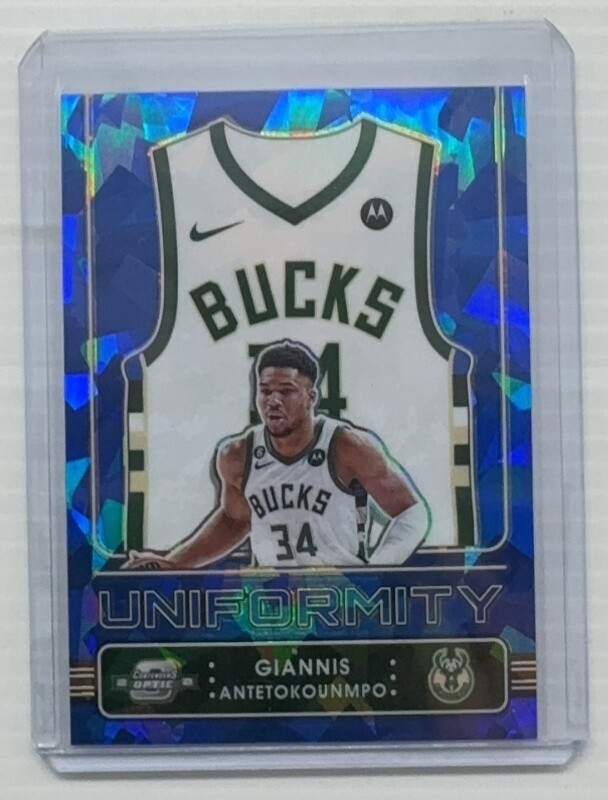 2022-23 Contenders Optic Giannis Antetokounmpo Uniformity Blue Ice Prizm #13/75