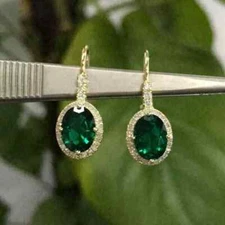 3Ct Oval Cut Lab-Created Emerald Halo Drop Dangle Earring 14k Yellow Gold Plated