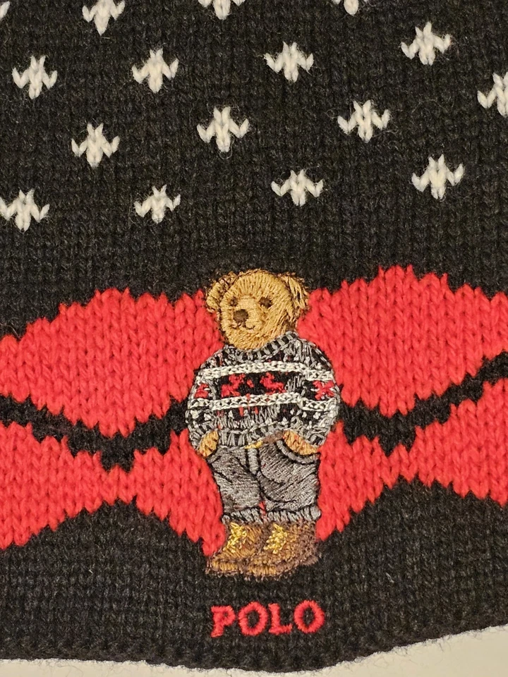 NWOT Polo Ralph Lauren Multicolor Beanie Knit Hat Bear Logo Pom-pom One Size - Image 2 of 4