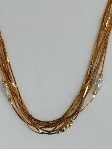  Gold Tone Multistrand Necklace Liquid Gold Faux Baroque Pearl Slinky Vintage  - Afbeelding 1 van 12