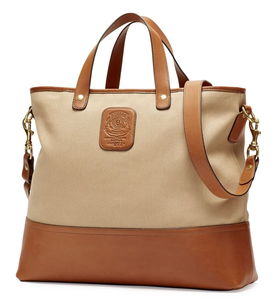 GHURKA Tote Bag EDITOR 271 Tan Leather Khaki Twill Zipper Plaid