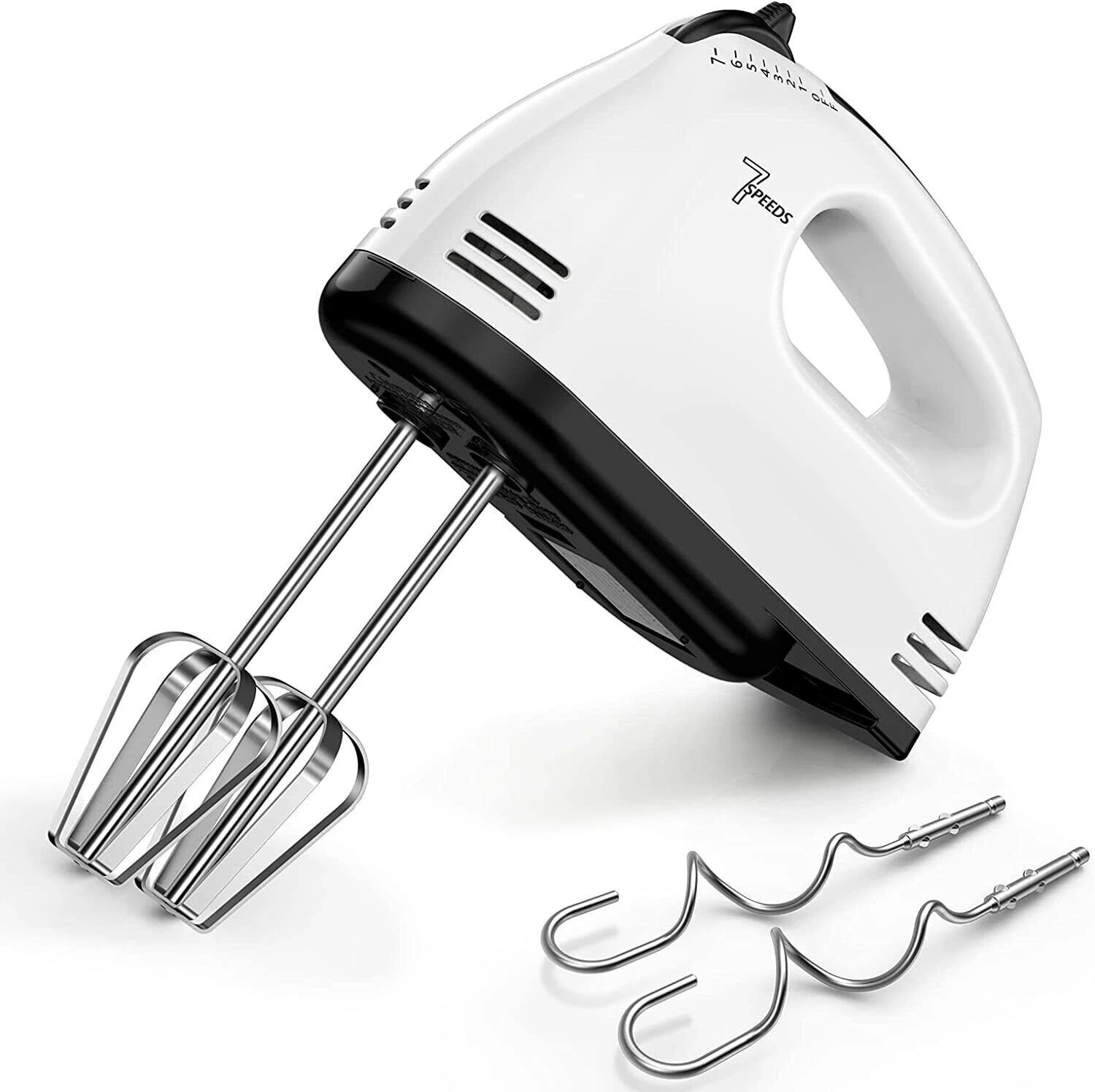 Hand Mixer Electric Whisk 180W Power 7 Speed Handheld for Kitchen Baking, White