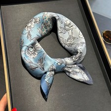 100 Mulberry Silk 21" Square Scarf Women Neckerchief Wrap Bandana Blue Flowers