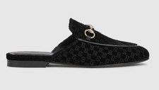 Gucci Princetown Velvet GG Logo Black Backless Slide Loafer Mule Slip Flat 39.5