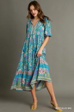 Umgee Mint Multi Floral Midi Dress w/ Tie Neck and Short Puff Sleeves