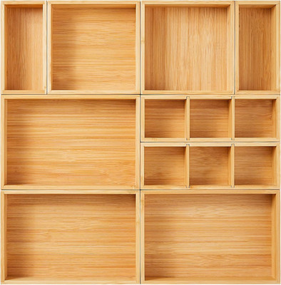 Drawer Organizer, Set of 9 Bamboo Wood Kitchen Makeup Desk Junk Tea Drawer Stora
