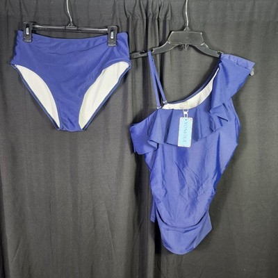 Yonique Womens Royal Blue One Shoulder Ruffle Tankini Set High Waist Size L SWIM
