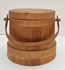 Vintage Natural Solid Wood Firkin Bucket & Lid Stapled Finger Bands No Markings