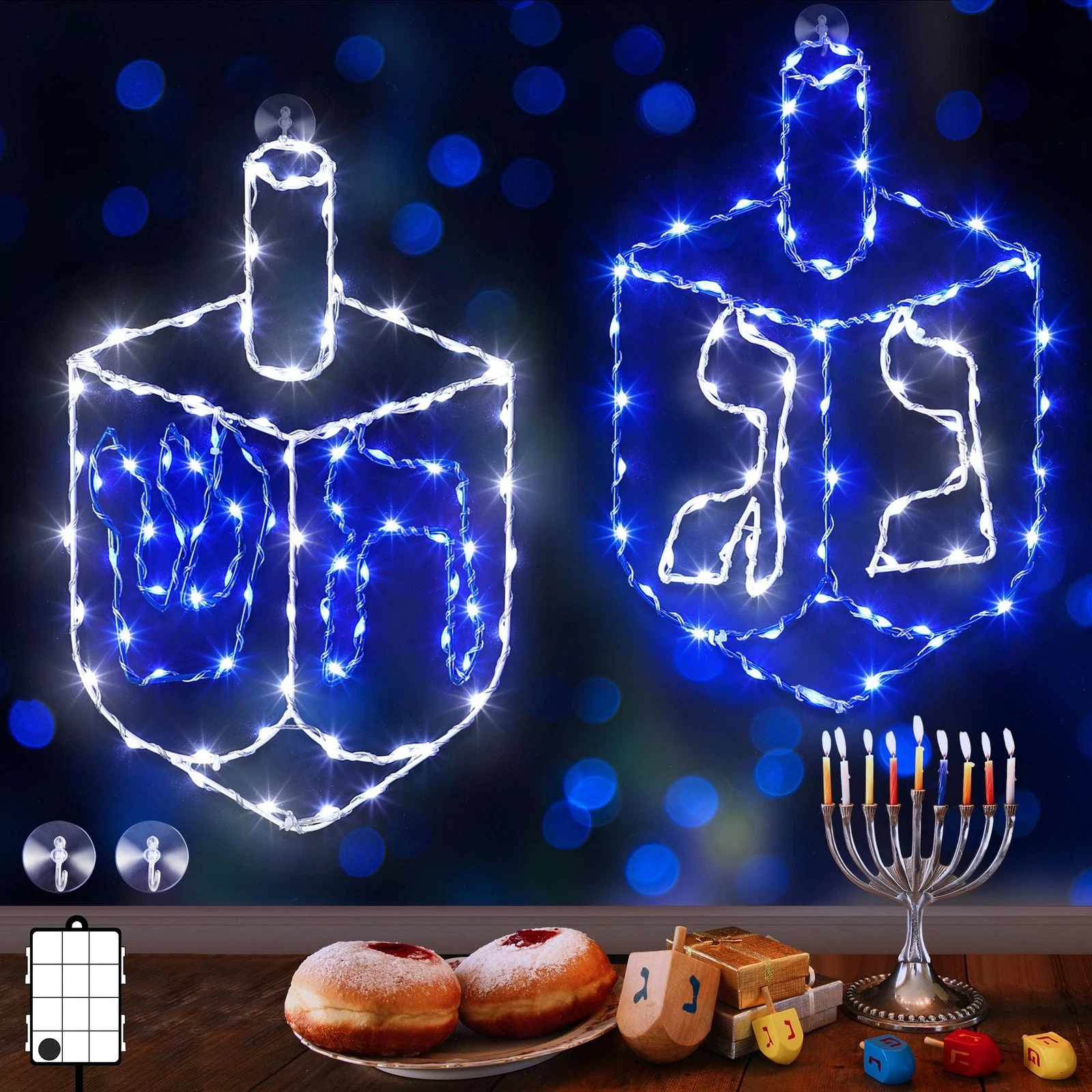 2 Pack Hanukkah Decorations Window Lights, 8 Modes Blue White Chanukah Silhou...