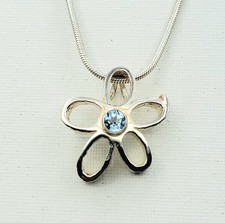Sterling Silver Daisy Cutout Flower Center Blue Gemstone On 16" 925 Snake Chain