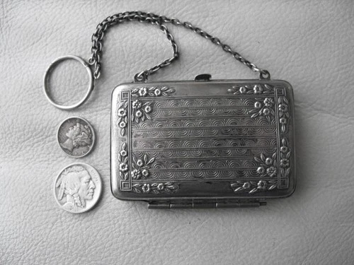 Antique Chatelaine Art Nouveau Floral Silver Metal 3 Coin Holder Purse