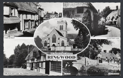 Postkarte Ringwood New Forest Hampshire Mehransicht Kirche Brücken Coxstone Lane RP