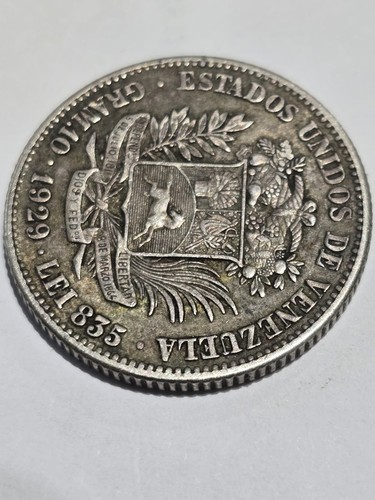 2 Bolivares 1929 Venezuela Silver Choice AU++ RARE IN HIGH GRADE - Picture 4 of 4
