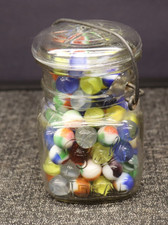 Vintage Square Ball Ideal Glass Jar w/ Old Glass Marbles