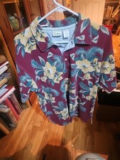 LL Bean Hawaiian Floral Print Short Sleeve Cotton Knit Polo Shirt Red Men's L
