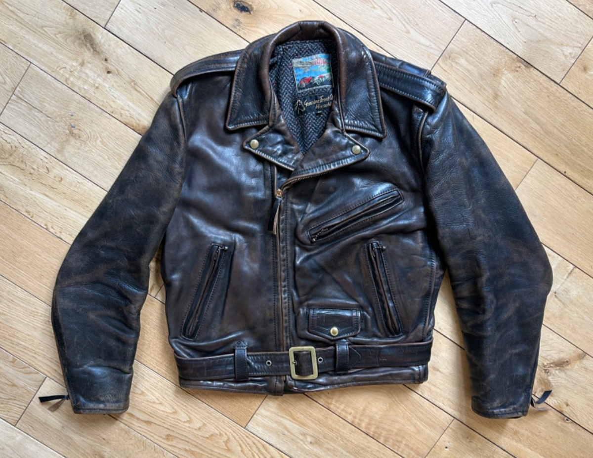 Beautiful aged Aero Black vintage horse hide leather bike jacket 