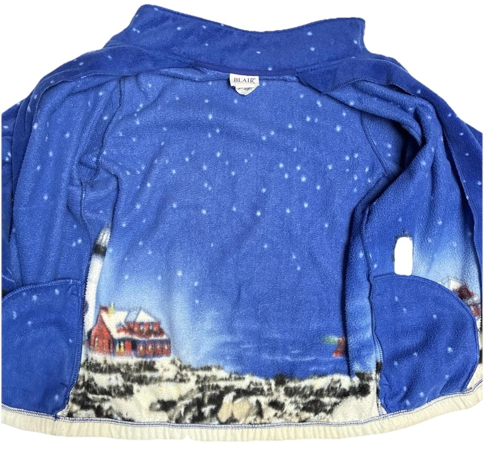 Blair Winter Coastal Fleece Jacket Red House Lighthouse Snow Boats Scenic Zip M - Image 3 of 4