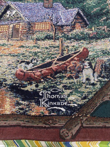 Thomas Kinkade Tapestry Wall Hanging Rustic Lake Cabin Decor 25x25 - Picture 4 of 10