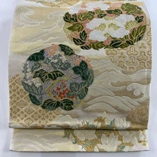 Japanese Silk Fukuro obi Cream Grass and flowers Wave crest Foil Excellent 45687