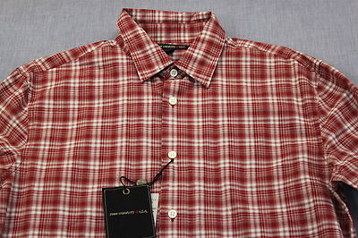 JOHN VARVATOS Men Brick Red & White Plaid Checker Cotton Button Shirt NWT M $119