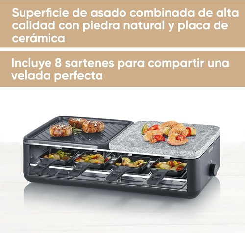 Raclette Grill 1300 W Parrilla Cocción Piedra Natural y Plancha Con 8 Sartenes - Imagen 4 de 10