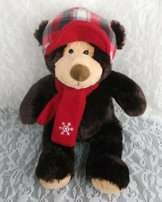 Hugfun Teddy Bear Brown Tan Red Buffalo Plaid Hat Scarf Winter 18" Plush Stuffed