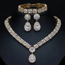 Gold Plated Water Drop Pageant Necklace Earring Bracelet CZ Zirconia Jewelry Set