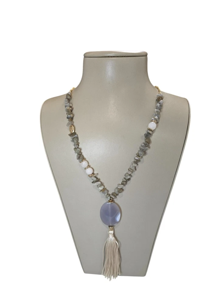 Anthropologie Women's Gray Stone Beaded Gold Tone Tassel Necklace NWT - Image 2 of 3