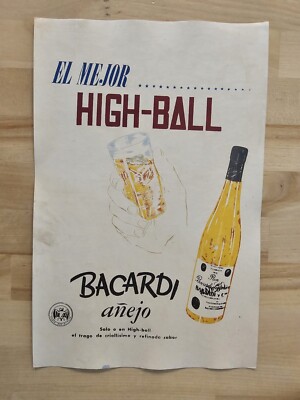 RARE BACARDI BAT RUM HIGH-BALL CARDBOARD WALL ADVERTISING 1950s VINTAGE ORIGINAL