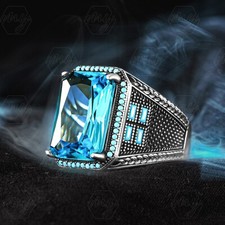 925 Sterling Silver Aquamarine Stone Men's Ring with Turquoise Details