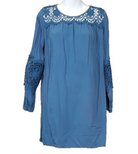 LESHOP Womens BOHO Mini Dress Medium Blue Crochet Long Sleeve Festival