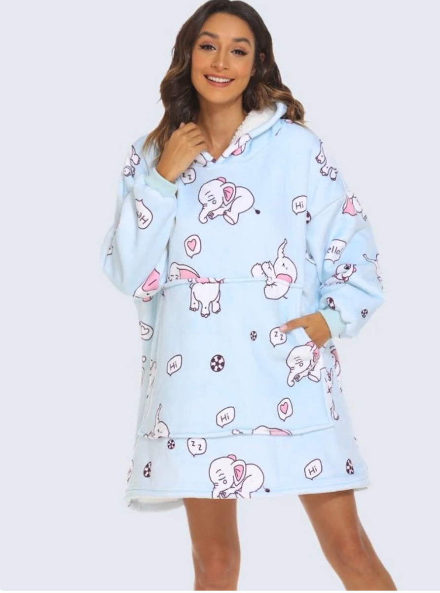 Oversized Wearable Blanket Hoodie Plush Sweatshirt Cozy Elephant w