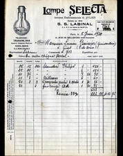 PARIS (IX°) LAMPS SELECTA "G. JULIEN / S.S. LABINAL" Invoice in 1934