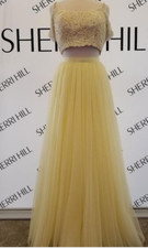 Sherri Hill 51771 Yellow Lace Crop Top Gown Dress sz 4