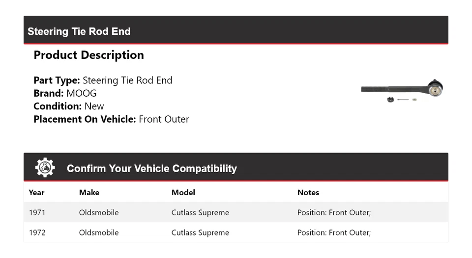 Para Oldsmobile Cutlass Supreme 1971-1972 extremo de varilla de dirección delantero exterior MOOG Foto 2 de 4