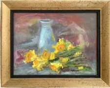 Original Framed Impressionism  Oil Painting Floral Daffodils Still Life Signed,
