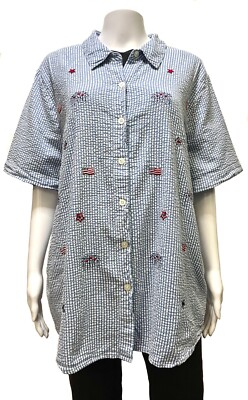 Cherokee Women s Seersucker Button Up Patriotic Fireworks American Flag 24W