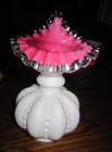 Vtg Fenton Jack in the Pulpit Pink White Cased Beaded Melon Vase w/Silver Crest