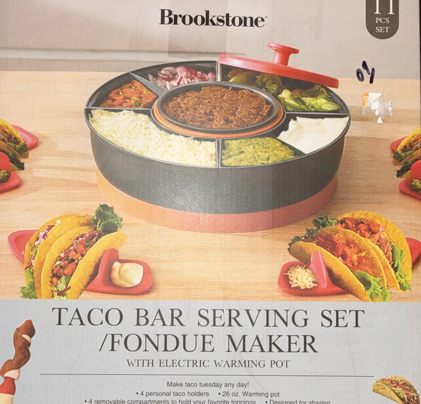 Brookstone 11-PC Electric Taco Bar Serving Set & Fondue Maker w/ Warming Pot NEW