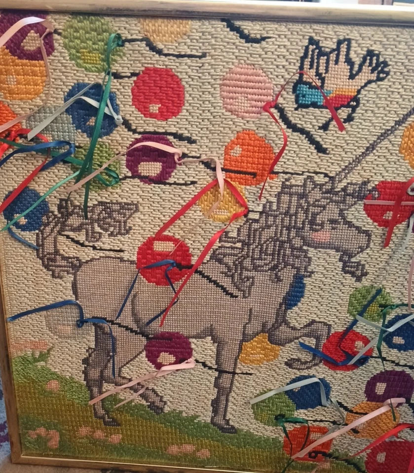 Vtg SWEET Completed Cross Stitch Purple Unicorn Bird Balloons Ribbons Framed 14" - Image 2 of 4