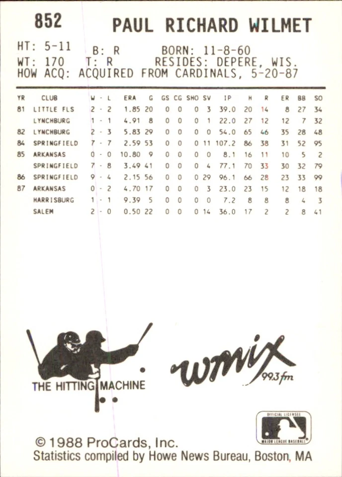 Paul Wilmet 1988 ProCards #852 RC Harrisburg Senators *AutographDen* - Image 2 of 2