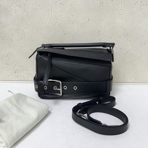 Loewe Puzzle Biker Small Black Grained Leather Silver Hardware Crossbody Bag