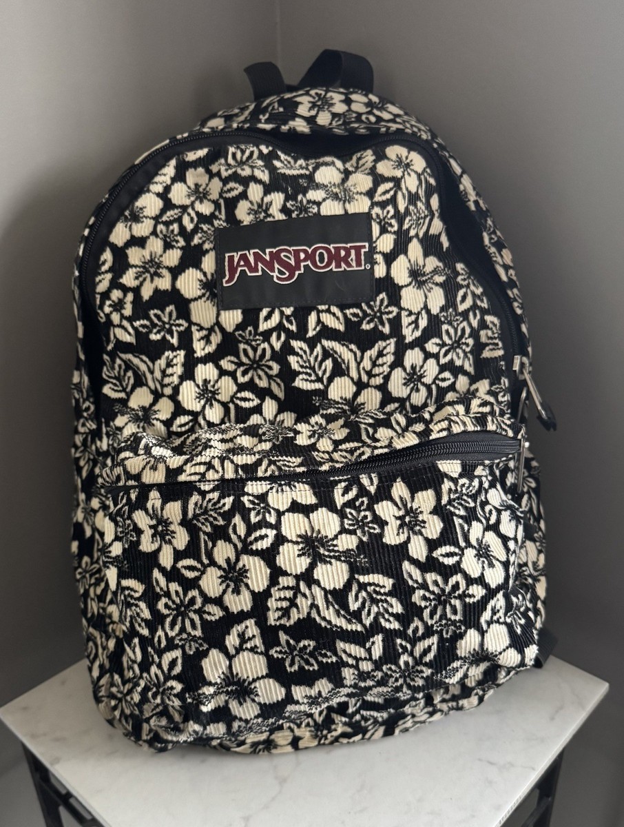 Vtg Jansport Backpack Black Ivory Corduroy Hawaiian Floral Hibiscus 16"X16"   | eBay