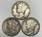 1945, 1945-D and 1945-S 10C Mercury Dimes Toned 90% Silver