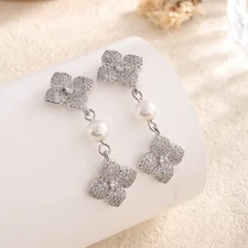 New Shiny Micropaved Zirconia Leaf Flower Drop Earring Imitation Pearl Glamor Br