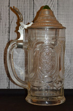Bierkrug, 0,5 L, Glas, Zinndeckel mit dem gr&uuml;nen Glasstein um 1900