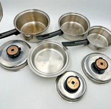 Vntg Thermo-Core Temp-Tone 7 Piece Pots Lids Steamer Set Thermium Stainless VGUC